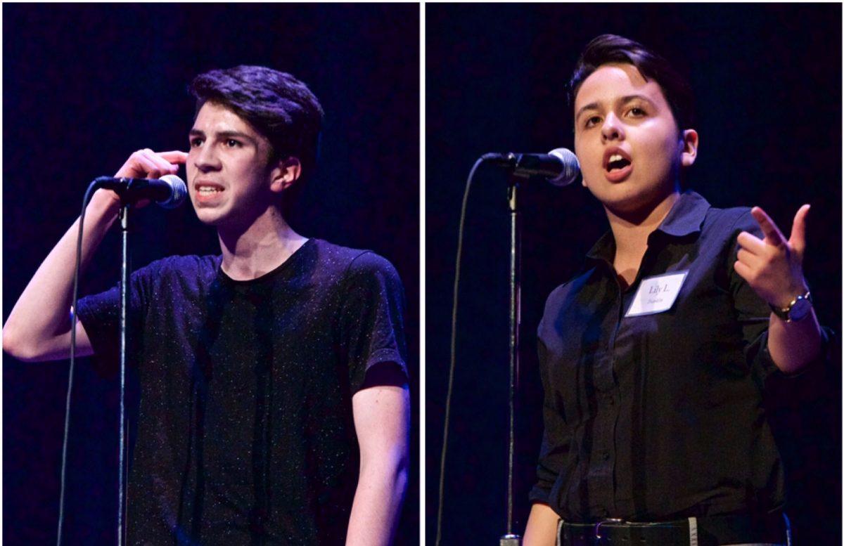 Seth Estrada (left) and Lily Lamadrid (right) perform at the sixth annual Verselandia poetry slam. Both poets made it into the final round, and Lamadrid finished in first place. Photos by Naim Hasan.