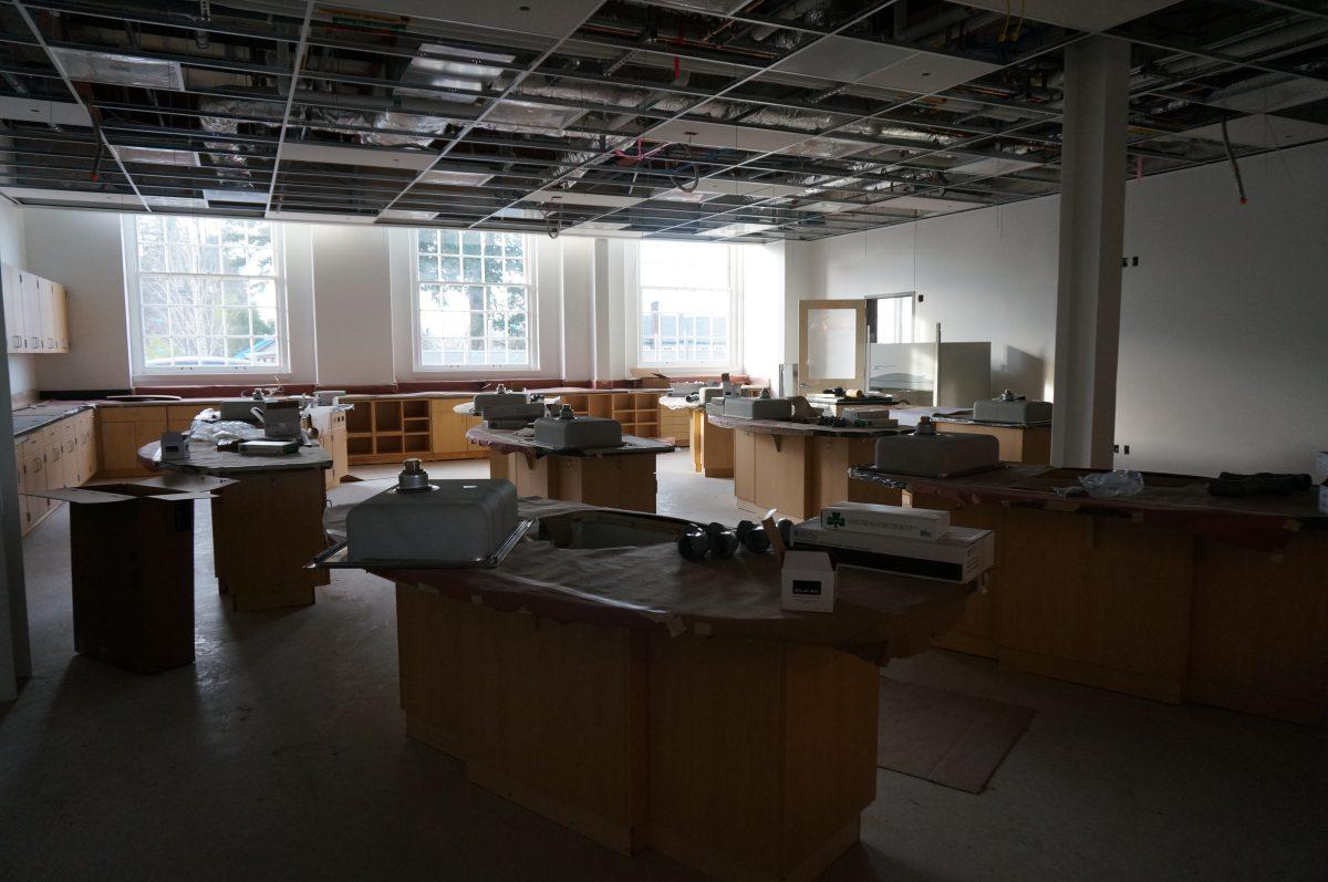 A science classroom at the Franklin build site awaits sink installation. Science classes are very equipment-driven, so those teachers will have less classroom movement than some teachers in other subjects. Photo by Anna Maré.