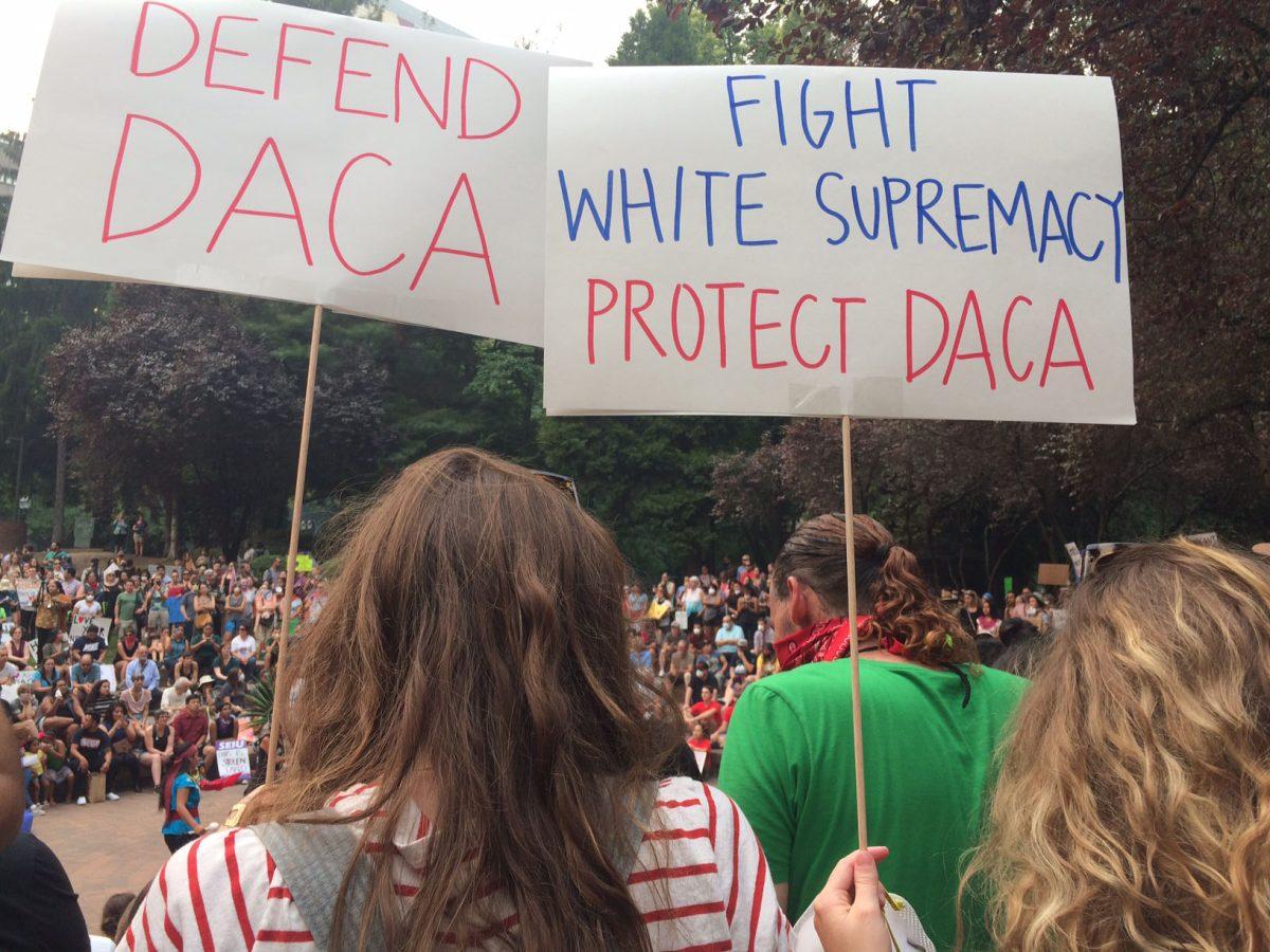 Dreamers and supporters gather in downtown Portland on September 5, 2017 to protest the recall of DACA. Photo by Elizabeth Kirsch