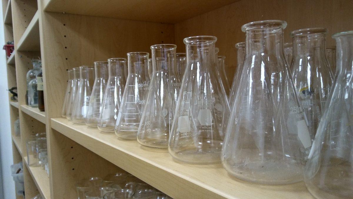 Rows of scientific equipment line the shelves of storage rooms for chemistry classes. There is no spare space available. Photo by Griffin Schumock.
