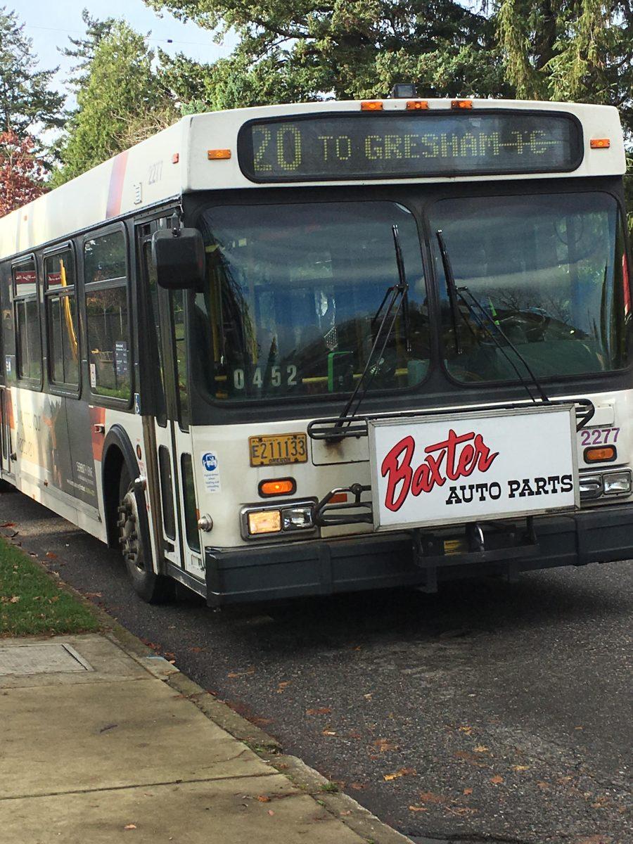 A line 20 bus pulls into a stop on SE Division St. Many Franklin students rely on TriMet to get to school. Photo by Sevea Schuler Hulbert