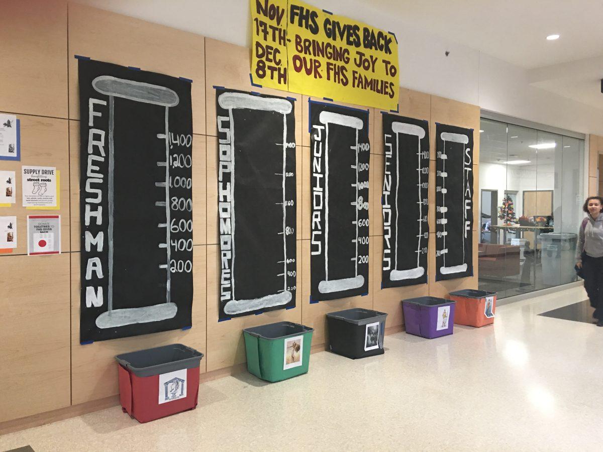 FHS Gives Back Bins in the Main Hall. Photo by Macy Potter