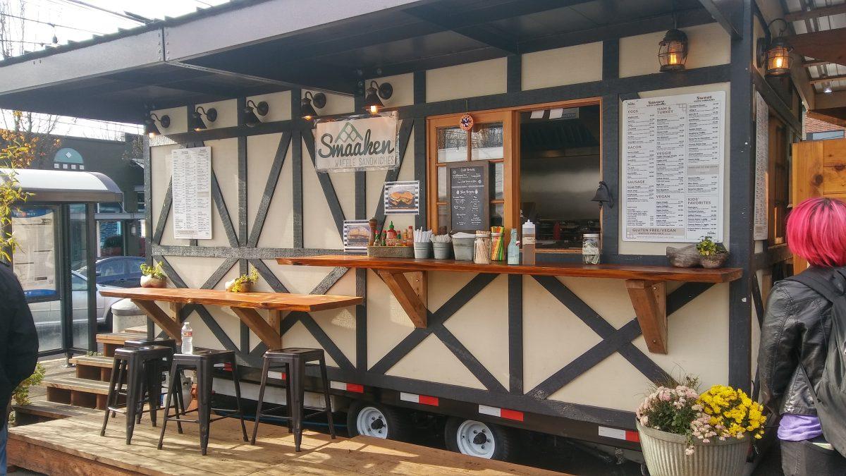 Smaaken Waffles food cart on Division during lunch. The hours are Sun-Thu: 9am - 9pm, Fri-Sat: 9am - 10pm. Photo by Griffin Schumock.