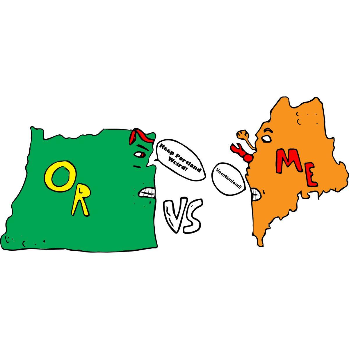 An illustration titled, “Which One Will Win?” depicts the two states that possess a Portland, battling for dominance.
Image by Jonas Boone and Nathan Wilk