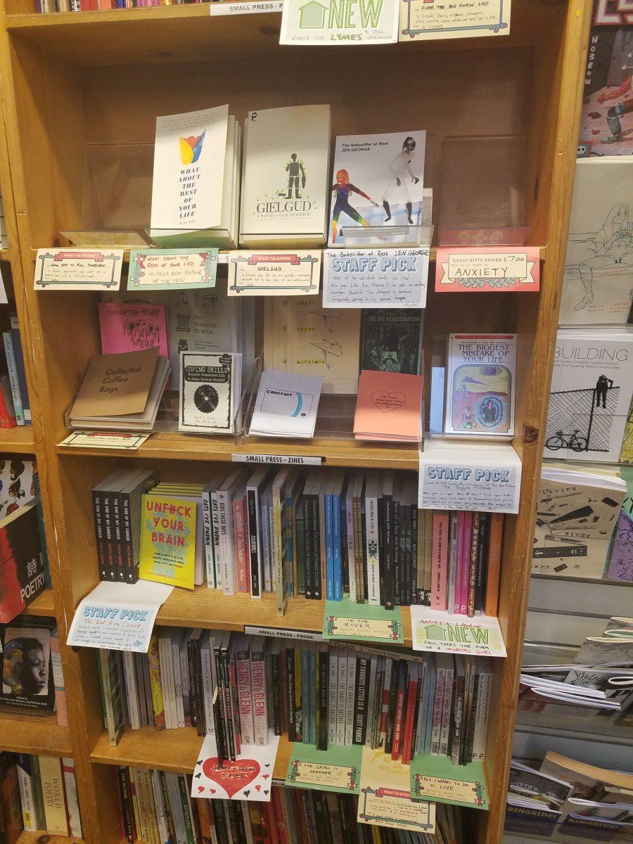 The independent publishing shelves at the Powell’s location on Hawthorne. This hidden gem contains all of the zines the store has to offer.  Photo by Jonas Boone