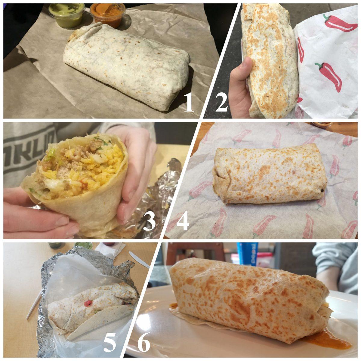 All six burritos considered for the top spot in the Franklin district. From top left to bottom right: Fundidos (1), Cochinita Pibil (2), Regular Carnitas Burrito Supreme (3), Fernando’s Special (4) , Pastor (5), Garbage (6). Each burrito had unique qualities that made it a contendor for the title of best burrito. Photo by  Jonas Boone.