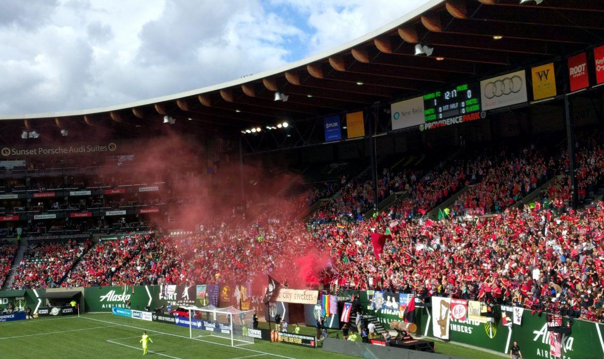 The Rose City Riveters celebrate Amandine Henry’s goal in the 2017 NWSL semifinal vs. the Orlando Pride.  Photo by Camilla Baudhuin.