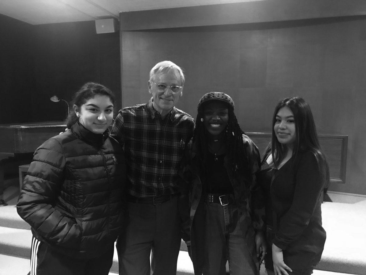 FHS students Nicole Andino-Posas (12), Marceline Kilassa (12), and Roselia Reyes-Perez (12) pose with Congressman Blumenauer. Blumenauer skipped the State of the Union Address with fellow politicians. Photo by Jeremy Sarant.