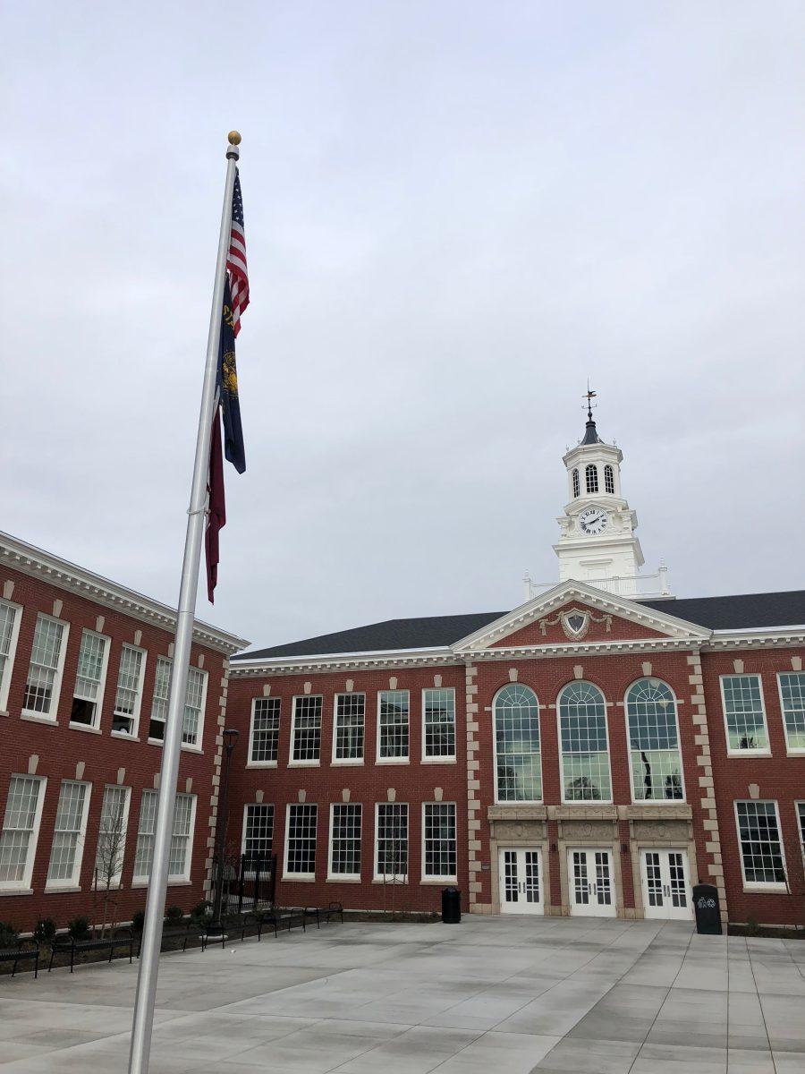 The flag hangs outside of FHS. Oregon law requires that students be given a weekly opportunity to recite the Pledge of Allegiance. Photo by Maya Horten.