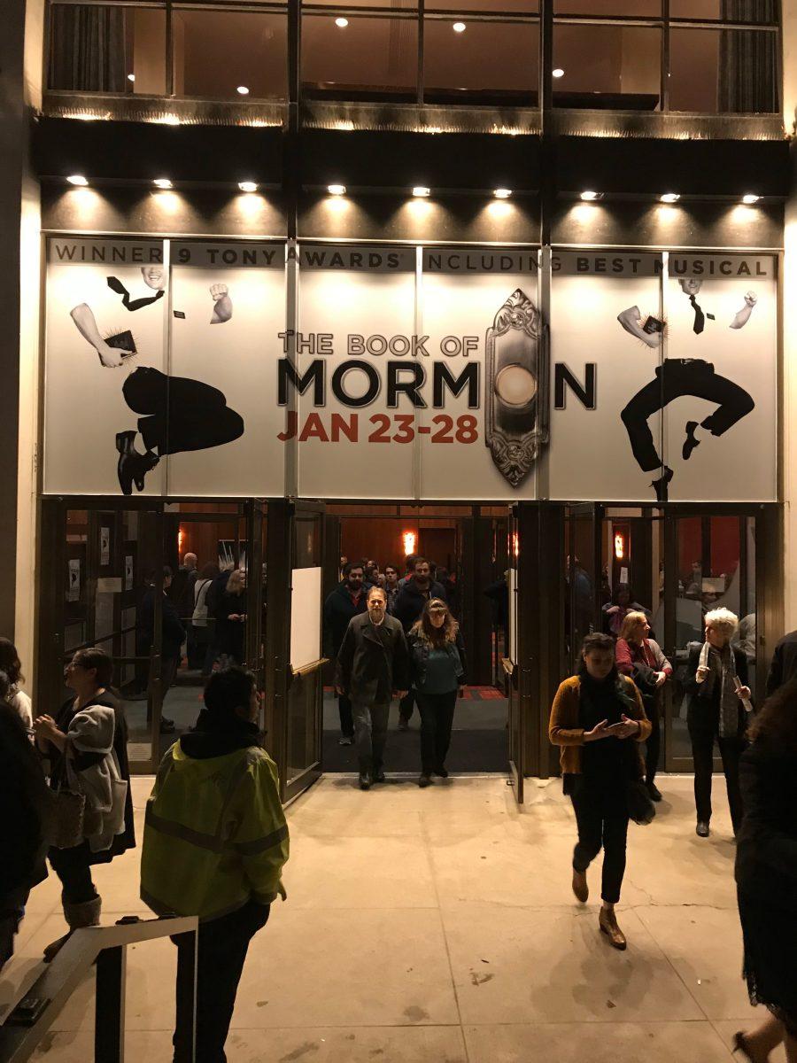 The outside of Portland’s Keller Auditorium glows after the evening performance of The Book of Mormon. Photo by Bella Senatori.