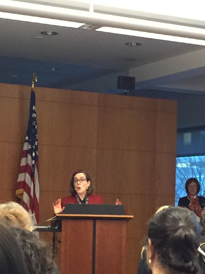 Governor Kate Brown speaks at Oregon’s 2018 We The People competition. Brown is one of seven female governors in the U.S. Photo by Ruby Shadburne.