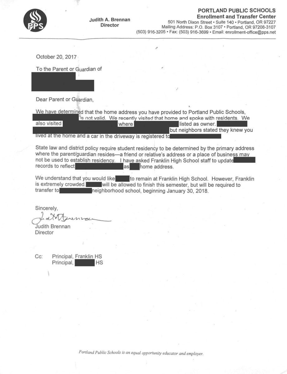 A letter sent to a former Franklin student outlining the procedure that led to their unenrollment from the school. The student now attends a different PPS high school.