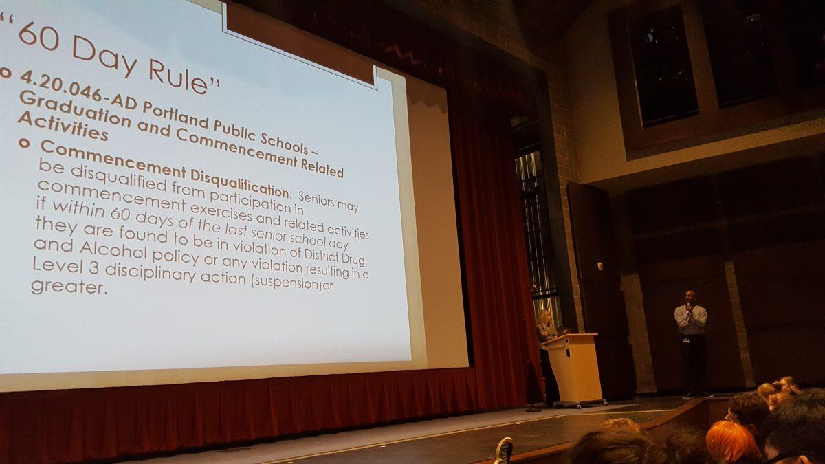 Vice Principal Chris Frazier presents to the 2018 senior class about the 60 day rule on Thursday, April 5. The 60 day rule commenced on April 2, right after students got back from Spring Break. Photo by Adriane Burk.