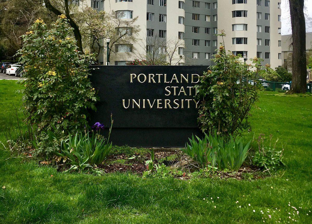 One of PSU’s signs outside their school campus. PSU recently opened a new pavilion for its students on April 9.   Photo by Abby Watters.