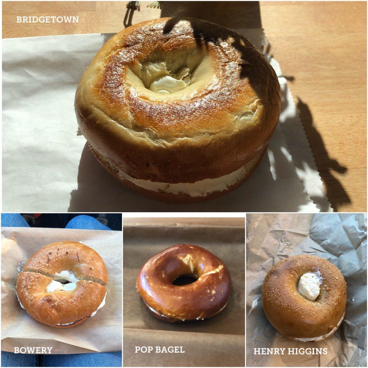 The four bagels I tried on my trip. Each shop had its own unique spin on the classic plain-on-plain bagel. PC: Delaney Griffin