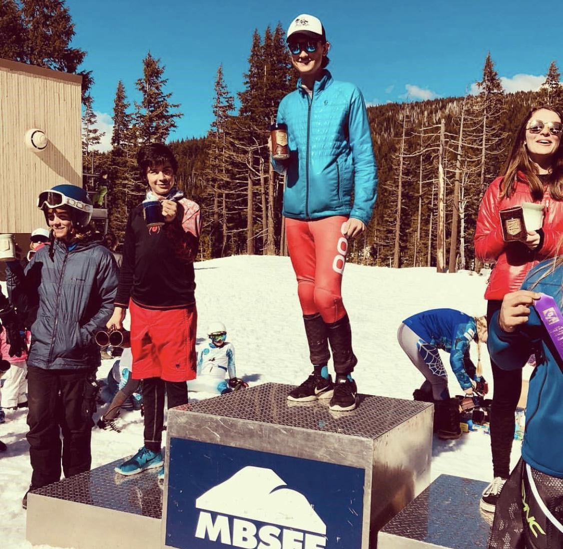  Nils Streedain winning first place at a Mt. Bachelor Ski competition on April 29th of this year. MBSEF stands for the Mt. Bachelor Sports Education Foundation. Photo credit: Mt. Hood Academy