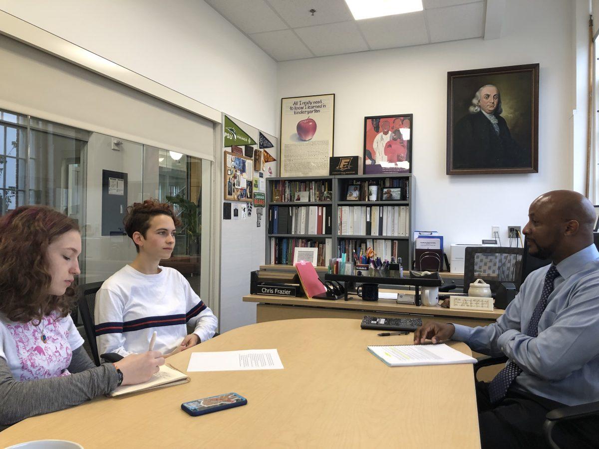 Members of the Frontline team meet with Principal Chris Frazier about the complaint process. PPS procedures to address complaints adhere to the teachers’ union contract. Photo by Elizabeth Kirsch.