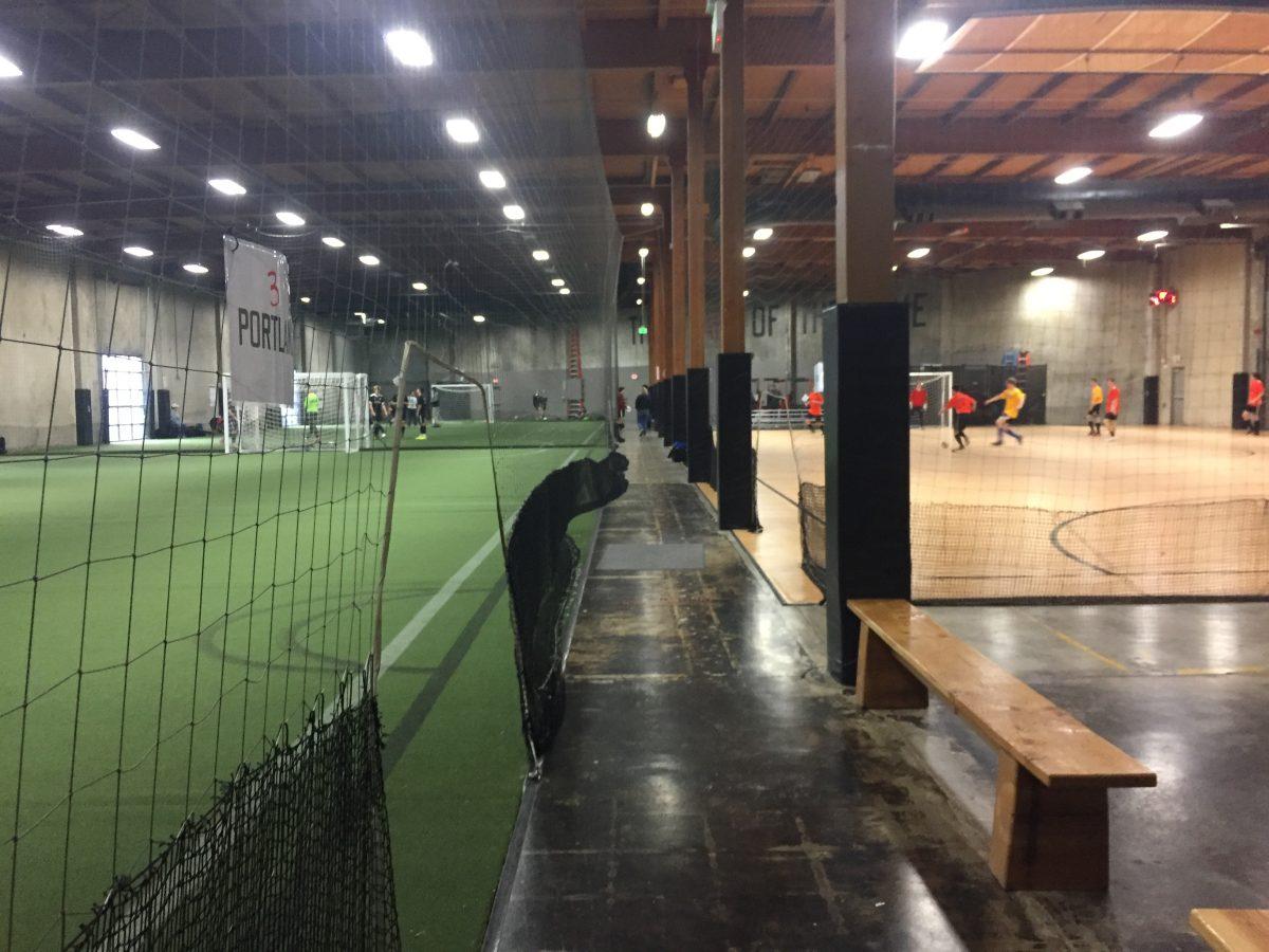 Games being played at Rose City Futsal East on the weekend. Futsal games come and go in rapid succession on weekends as many teams compete in the seasons. Photo by Griffin Schumock.