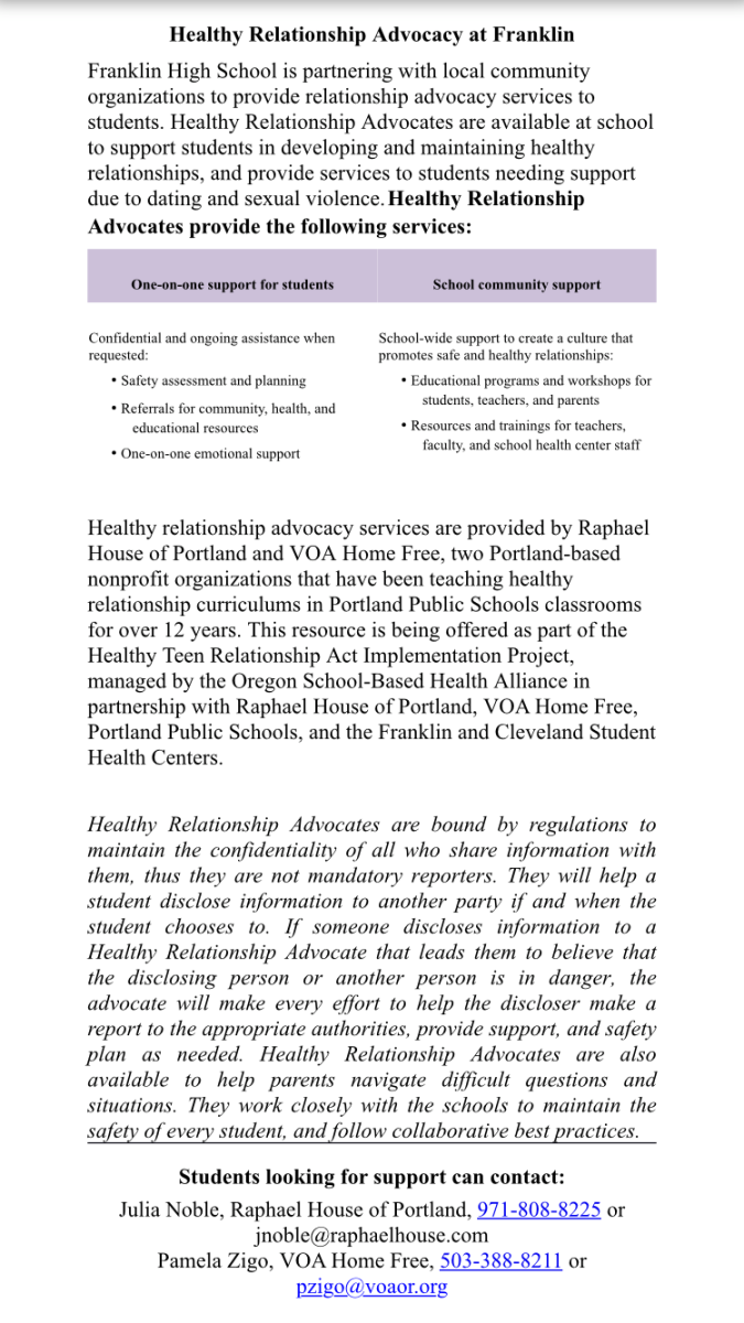 Official HTRA Implementation Project Flyer. Currently, Franklin and Cleveland are the only high schools in the country where confidential healthy relationship advocacy is being offered on-site. 
Photo Credit: Bijou Allard.
