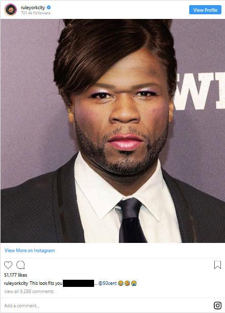 Photo via Ja Rule’s Instagram, one of the photoshopped images of 50 Cent posted to Ja Rule’s Instagram account. It negatively insinuates that 50 Cent is a transgender woman.