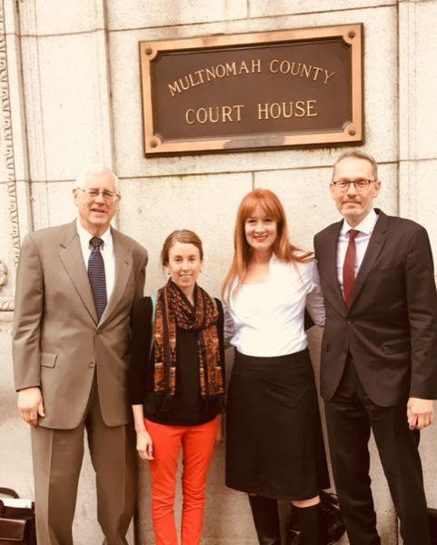 From left to right: Attorney Jack Orchard, former Tribune reporter Beth Slovic, education advocate Kim Sordyl, and attorney Jeff Merrick at the Multnomah County Courthouse, May 11.
Photo by: Kim Sordyl 

