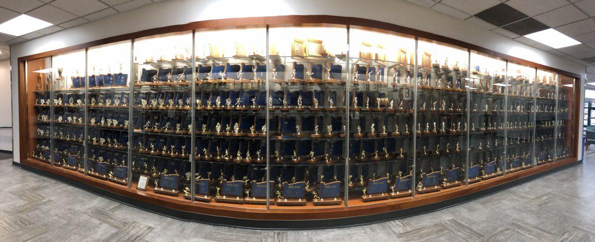 Picture credit:Delaney Griffin. One of the four densely packed trophy cases at Jesuit High School in Beaverton, Oregon. The large number of trophies puts the absolute domination that affluent, athletic powerhouses like Jesuit have over the majority of public schools into perspective.

