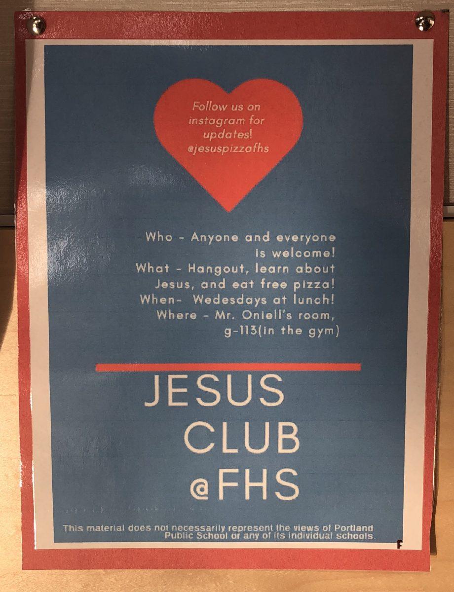 The sign for Jesus pizza club, which advertises a safe space for anyone and everyone.  Picture Credit: Clara Miller.