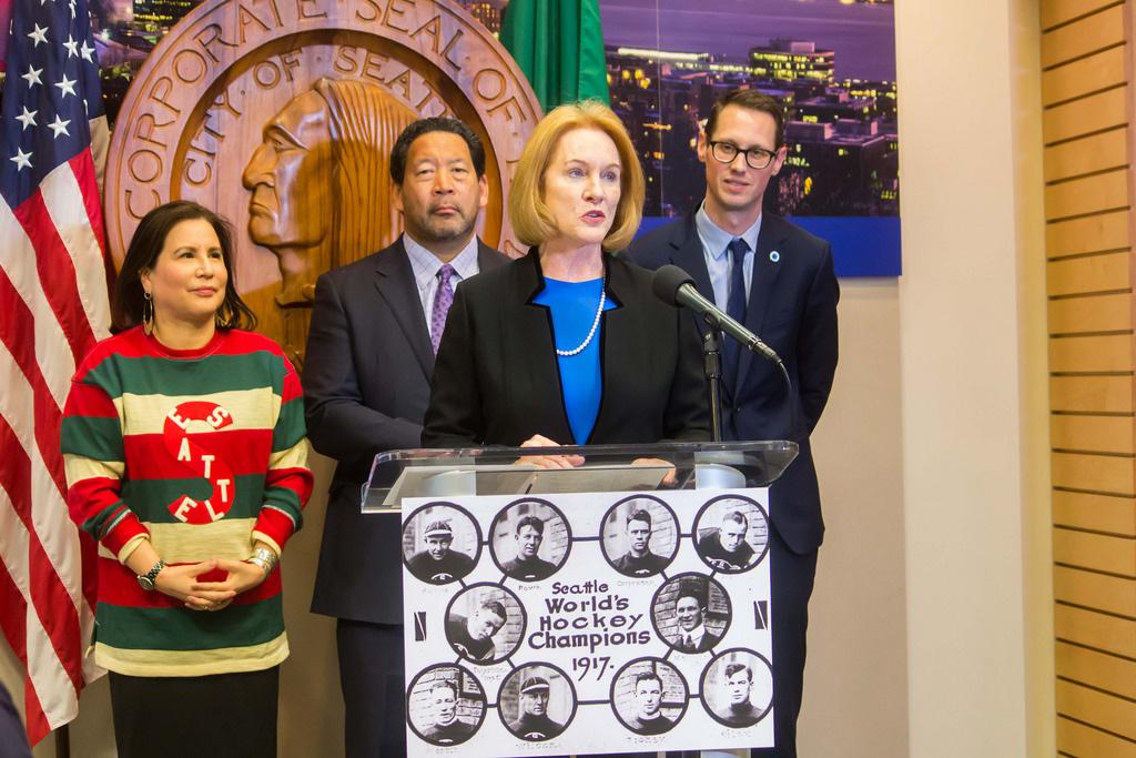 Seattle’s Mayor, Jenny Durkan, announces the approval of Seattle’s NHL expansion team bid. While both Seattle and Portland have multiple professional sports teams, only their MLS and NWSL teams regularly face off. (Photo via Creative Commons)