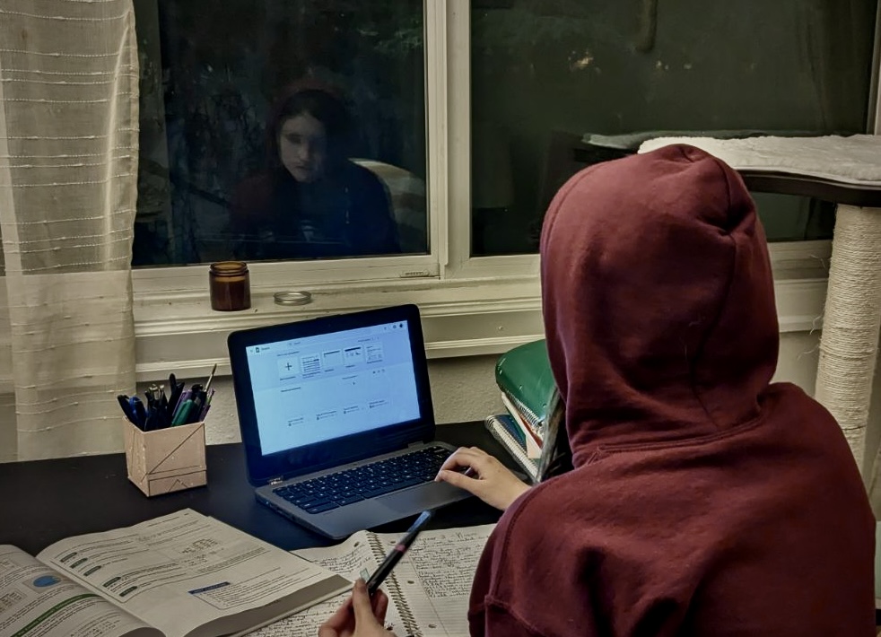 A student studies past dark to get work in. Many students have to do homework in the evenings after extracurriculars or work, meaning they’re up quite late. Photo by 