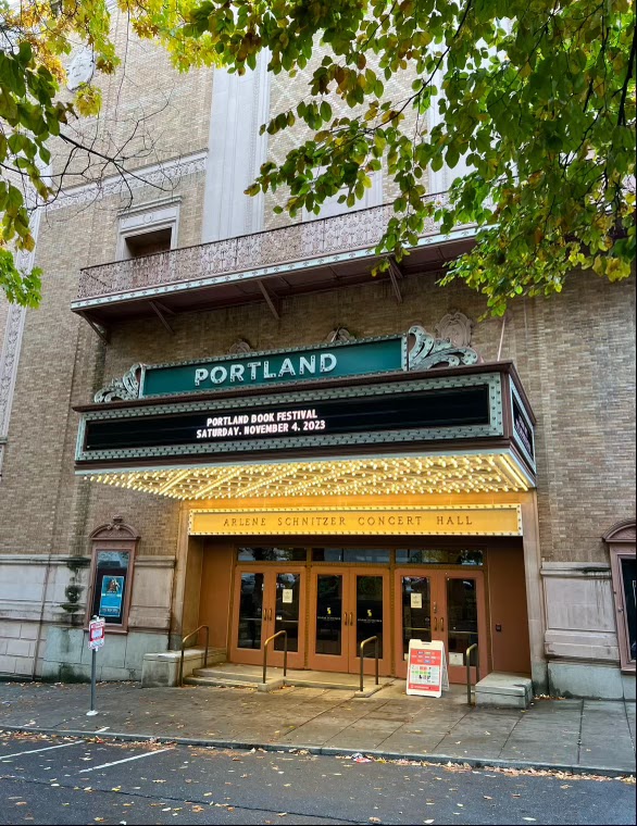 Outside the Arlene Schnitzer Concert Hall, the venue of the Portland Book Festival held in downtown Portland in the fall of 2023. This November it will be the 10th anniversary of the festival. Photo by Frances Vice.