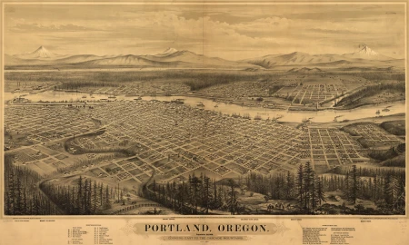 A drawing of a bird's eye view of Portland from 1879. Created by E. S. Glover, this map shows the early landscape of the developing city. Photo via the Library of Congress, Geography and Map Division.