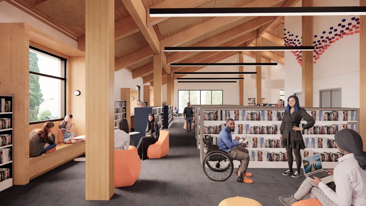 Design concept for inside of the new Belmont Library. As Multnomah County renovates libraries across the county, the Belmont and Holgate libraries are receiving renovations to make their buildings more accessible and engaging for local communities. Photo via Bora Architecture and Interiors.