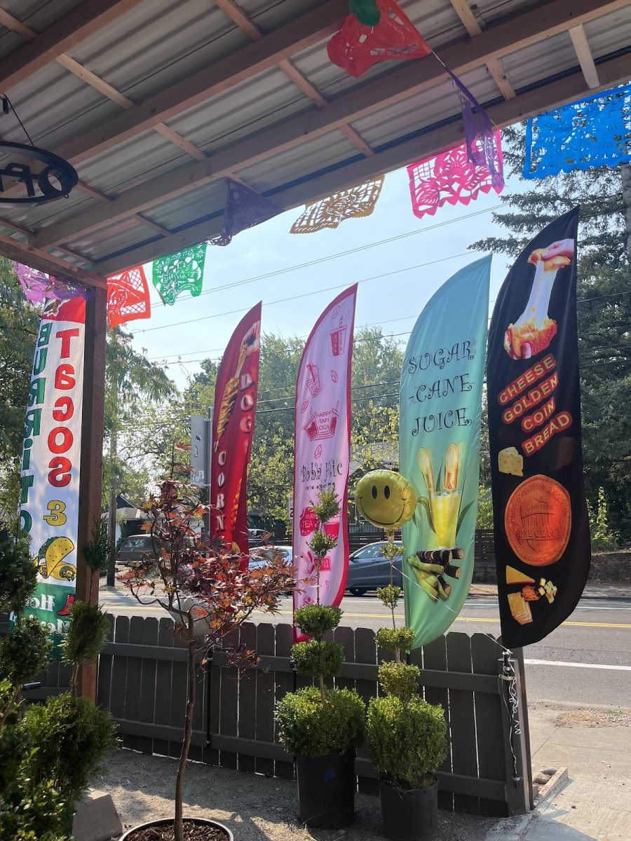 Colorful banners promoting the grand opening of two new food carts on 52nd and Woodward. These carts are feet away from Franklin and are already attracting many students. Photo by Jodie Coughlin.