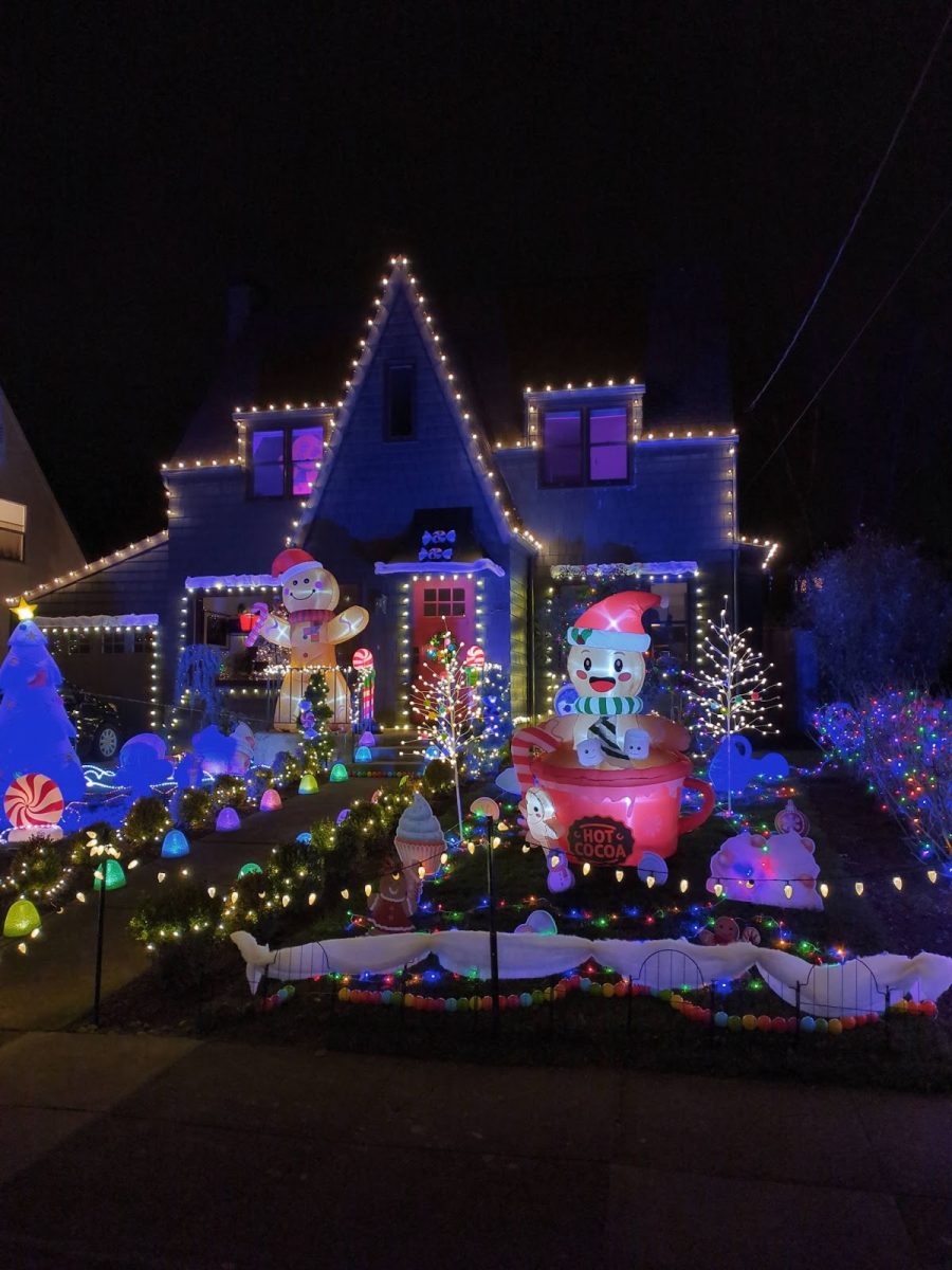 Bright, festive decorations illuminate a house on Peacock Lane. Each year, Portlanders gather here to see the amazing light show. Photo by Ted Brockwood.