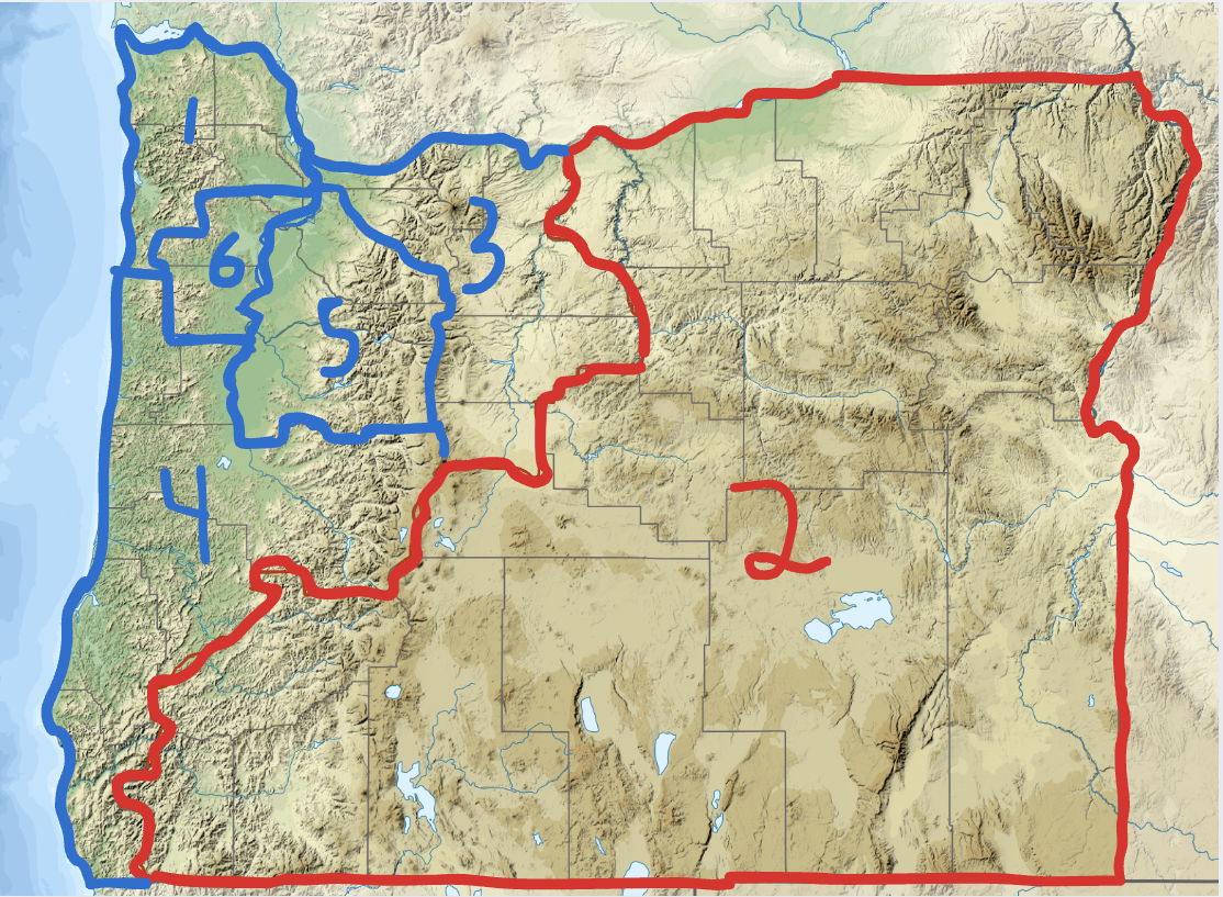 A map showing Oregon’s 36 counties, with red and blue lines outlining the five different Congressional Districts. As Republicans nationally took the presidency and House of Representatives the two parties fought for district representative seats. Image by Wikimedia commons, outlines by Keats Henderson. 