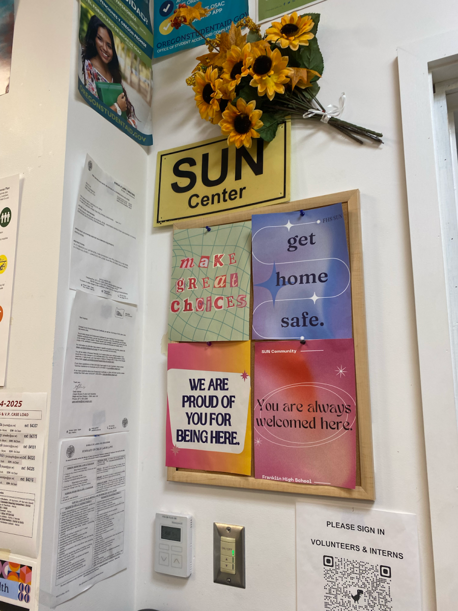 A bulletin board welcoming students at the front of the Schools Uniting Neighborhoods (SUN) room. SUN, a program run through Multnomah County, is working to connect the Franklin community and ensure that all students' needs are met. Photo by