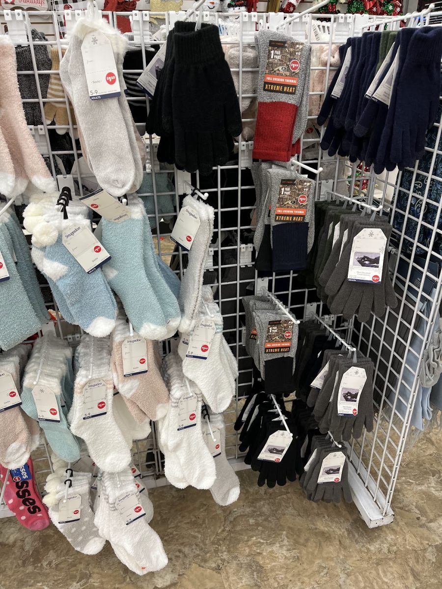 Socks and gloves from Dollar Tree, which are cheap to buy and good to donate. Socks are one of the best things to donate this winter, as they frequently are destroyed by the wet and muddy conditions outside. Photo by