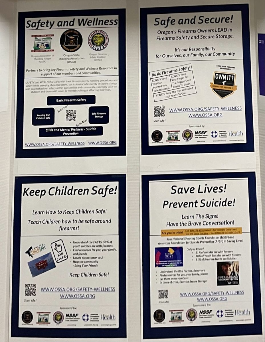 Informational posters at the Oregon State Shooting Association with information about suicide prevention and child safety. Measure 114 has caused controversy, and a discussion about the balance between community safety and personal rights. Photo by