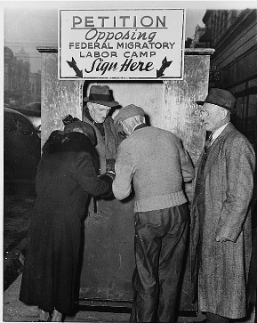 A petition booth opposing labor camps that forced migration. Portland experienced many changes and growth throughout the Great Depression and World War II, many of which will be highlighted in this cycle’s “A Brief History.” Photo via Library of Congress Prints and Photographs Division.