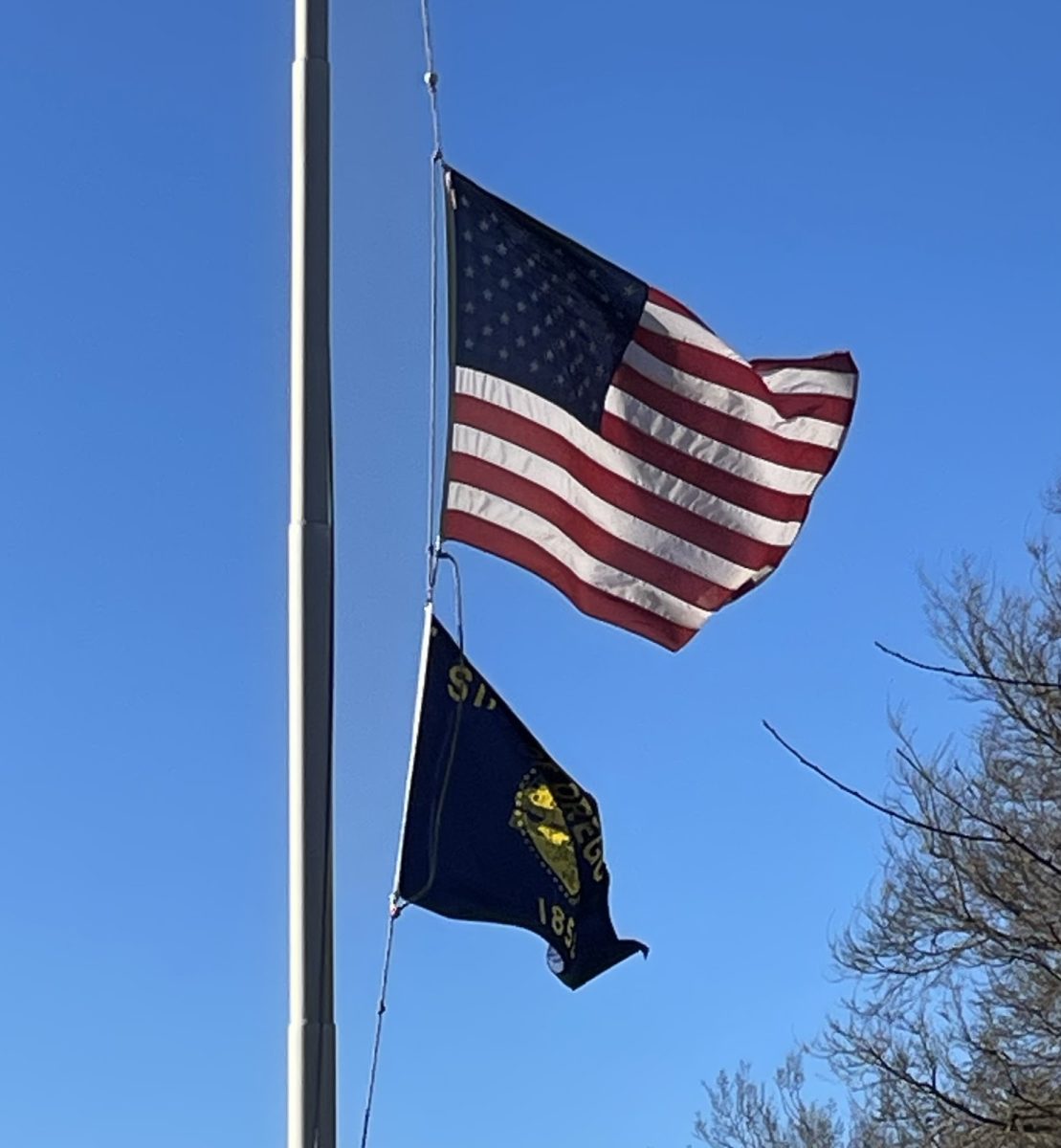 An American flag waves in the Portland sky. The flag is indicative of American ideals, and how those ideals will be perceived in the future is in the air, just like the flag.