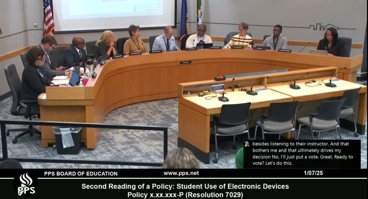 The Portland Public Schools (PPS) Board of Education meeting from Jan. 7 2025. That night, board members voted on a new district-wide phone policy that will be enacted during the 2025-26 school year. Photo via the PPS Board of Education YouTube