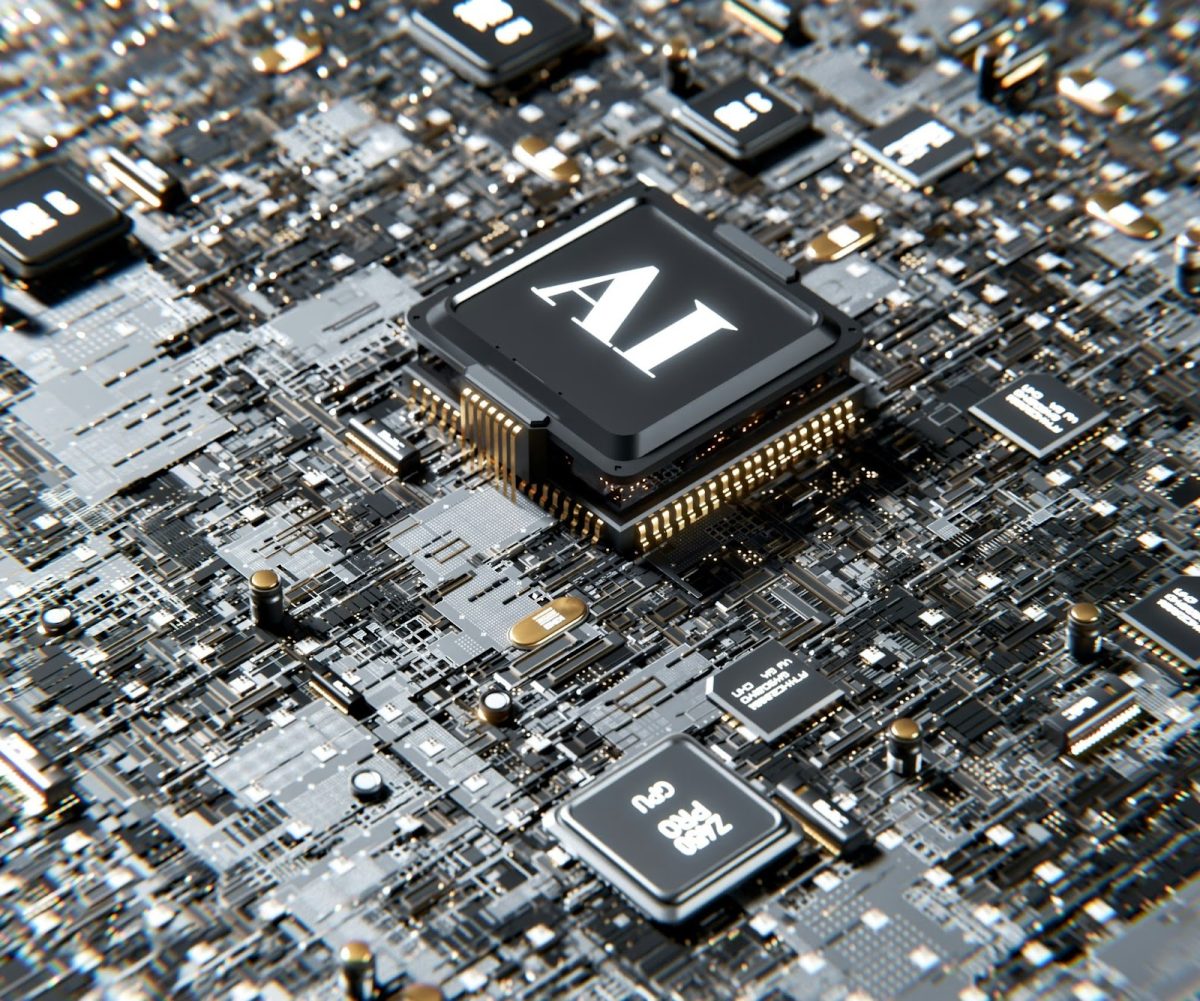 Photo Caption:  An AI chip surrounded by other technology. This chip represents the major competition between manufacturers competing for new AI technology in the United States. Photo by Igor Omilaev via Unsplash.