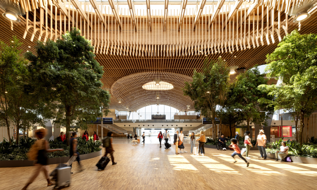 The Portland International Airport offers a glimpse into the future of eco-friendly infrastructure. The recently redone main terminal invites visitors and returning locals into an atmosphere of modern architecture and tranquility. Photo courtesy of Port of Portland.