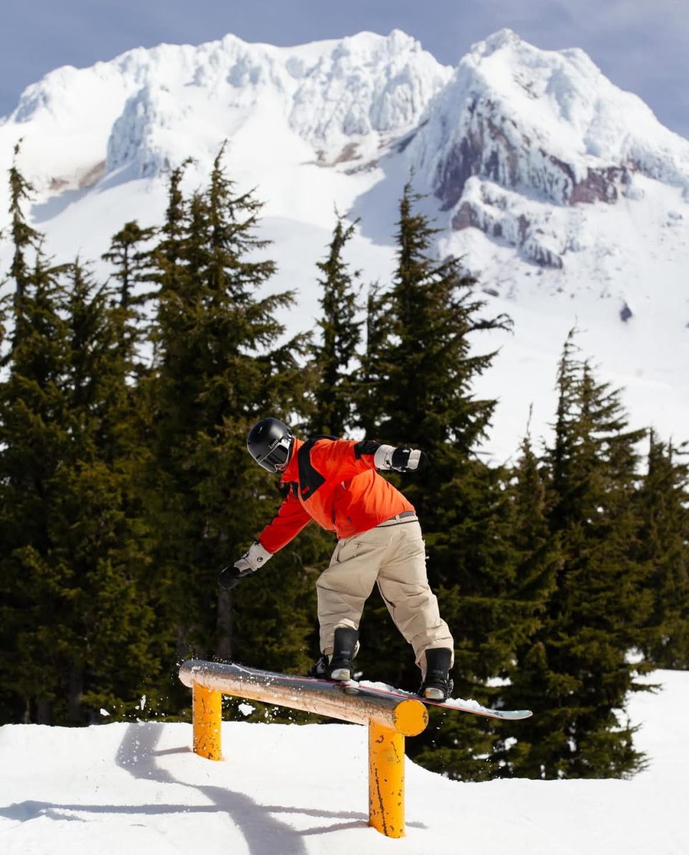 A snowboarding student hitting a rail at Timberline Lodge, where students from Wy’East Mountain Academy train. Wy’East provides a unique opportunity for students to continue their academic careers while improving their athletic abilities. Photo by Jason Murray.