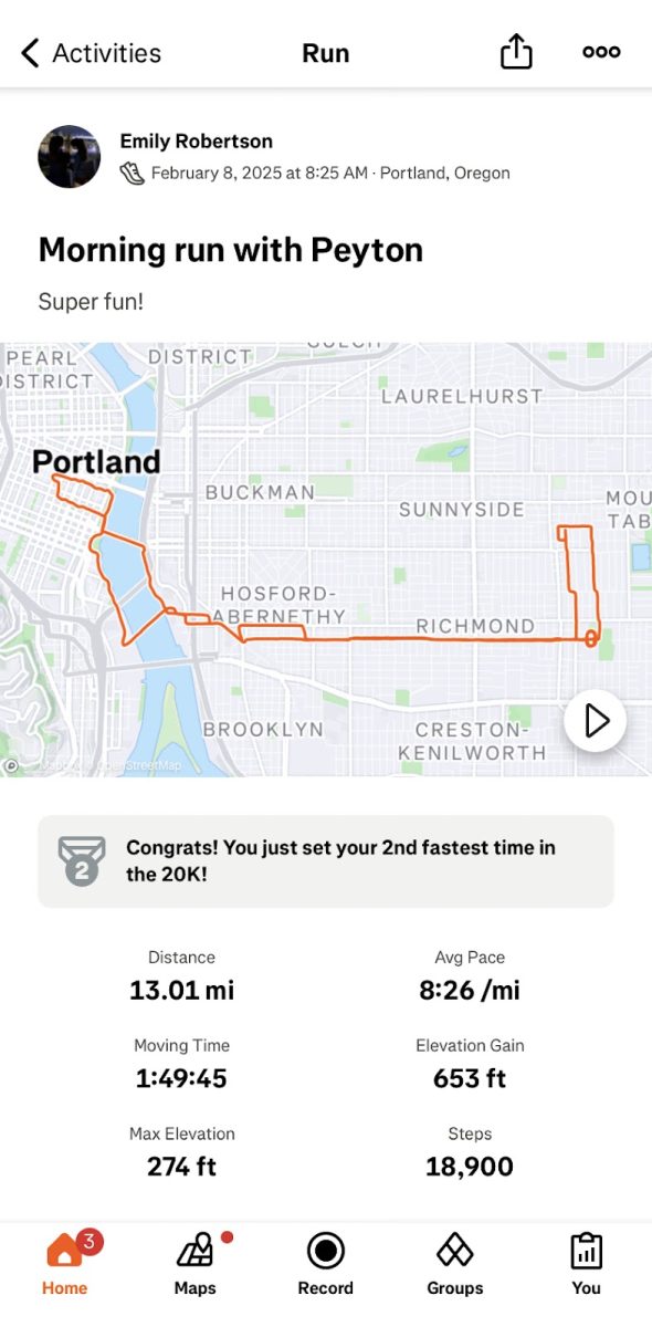 A screenshot of Strava activity. This map shows a user's route, which can be made available to their followers and the general public if users set their accounts to public, leaving some users vulnerable to privacy risks, eliciting concerns about safety. Photo by Emily Roberston.