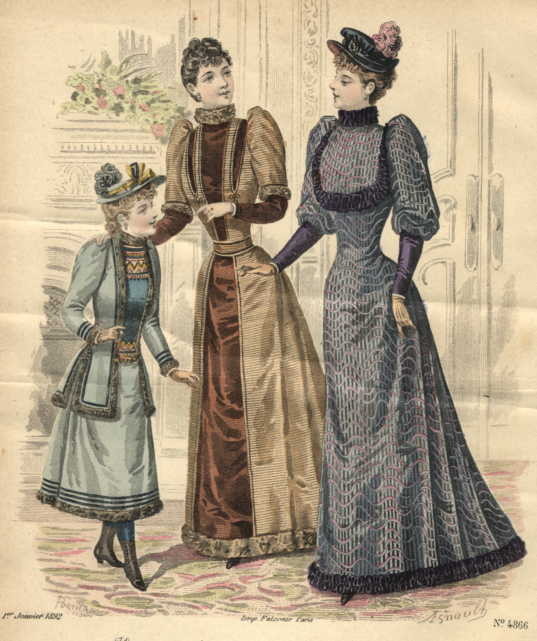 Two women in long 19th-century dresses talking with a young girl. This 1892 fashion plate from Journal Des Demoiselles, a fashion magazine that started in 1833, displays the most popular women’s fashion trends. Photo via PICRYL.