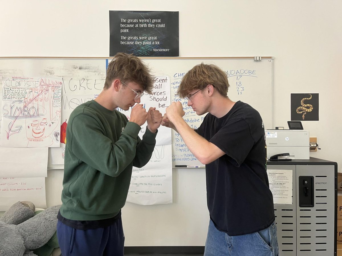 Article authors Oliver McMaster (left) and Jake Lubin (right) posing in a fighting stance. The two authors are representing their opposing views on the ultimate question: What is the best sport to watch? Photo by Shani Ross.