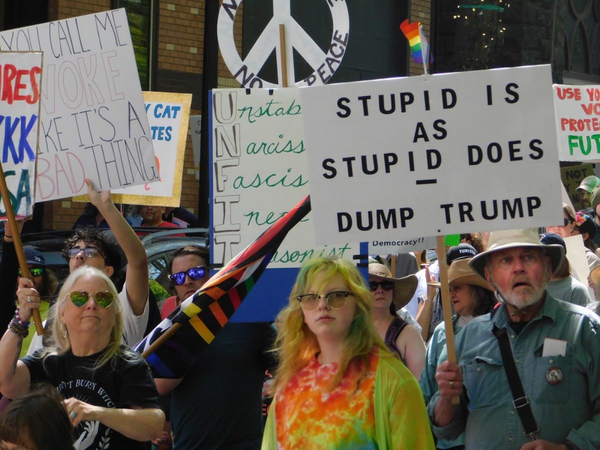 Demonstrators in downtown Portland on April 19, 2025, protesting the Trump administration. The Portland protests are a piece of the national “Hands Off!” movement that organizes similar protests in all 50 states. Photo by 