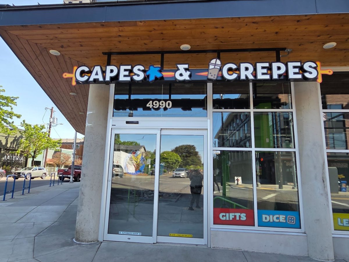 The exterior of Capes & Crepes, located on Southeast 50th and Division. This new crepe, boba tea, and board game cafe is set to have its grand opening on May 23. Photo by 