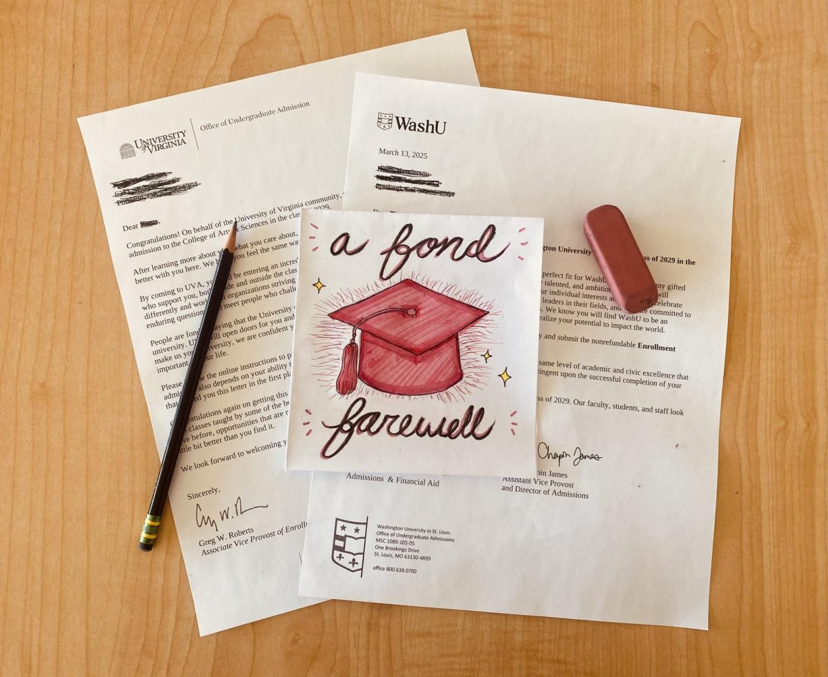 Two college acceptance letters and an illustrated farewell card, signifying the exodus of Franklin’s class of 2025. With graduation fast approaching, seniors have a wealth of experience and knowledge surrounding college acceptance that is ready to be passed on to future graduating classes. Photo by Easton Atlansky.